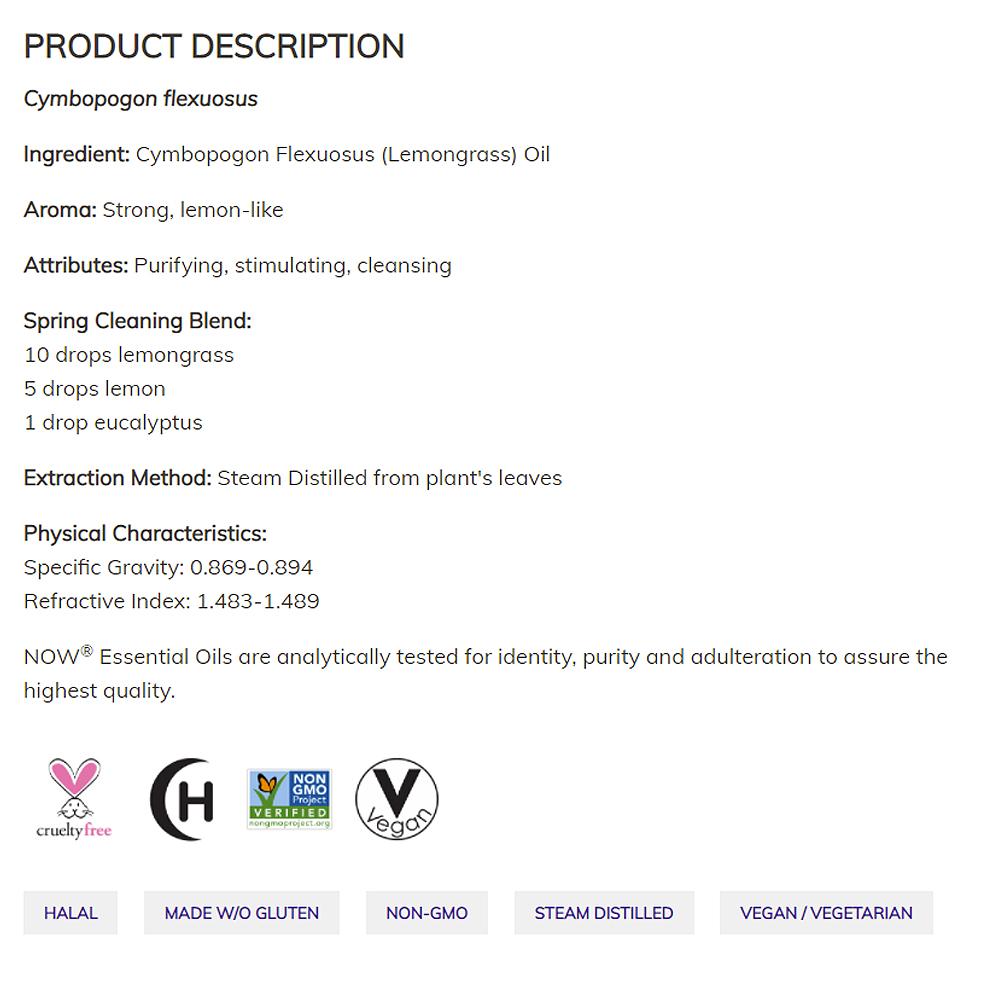 NOW FOODS Essential Oils, Lemongrass Oil, Uplifting Aromatherapy Scent, Steam Distilled, 100% Pure, 1-Ounce (30 ml) Essential oils NOW Foods USA