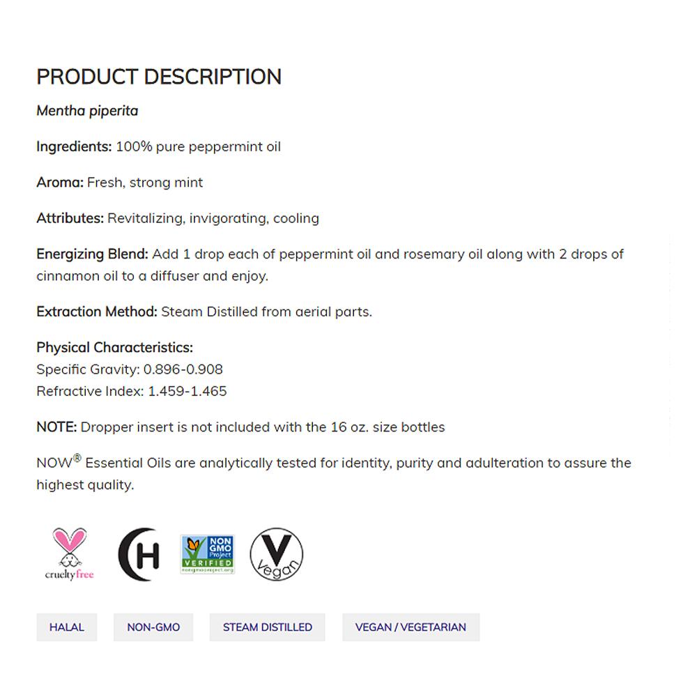 NOW FOODS Essential Oils, Peppermint Oil, Invigorating Aromatherapy Scent, Steam Distilled, 100% Pure, Vegan, Child Resistant Cap, 4-Ounce (118ml) Essential oils NOW Foods USA