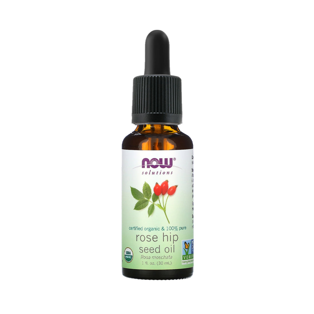 NOW Solutions, Organic Rose Hip Seed Oil, Certified Organic and 100% Pure, For Facial Care, Expeller Pressed, Vegan, Child Resistant Euro Dropper, 1-Ounce (30 ml) - Bloom Concept