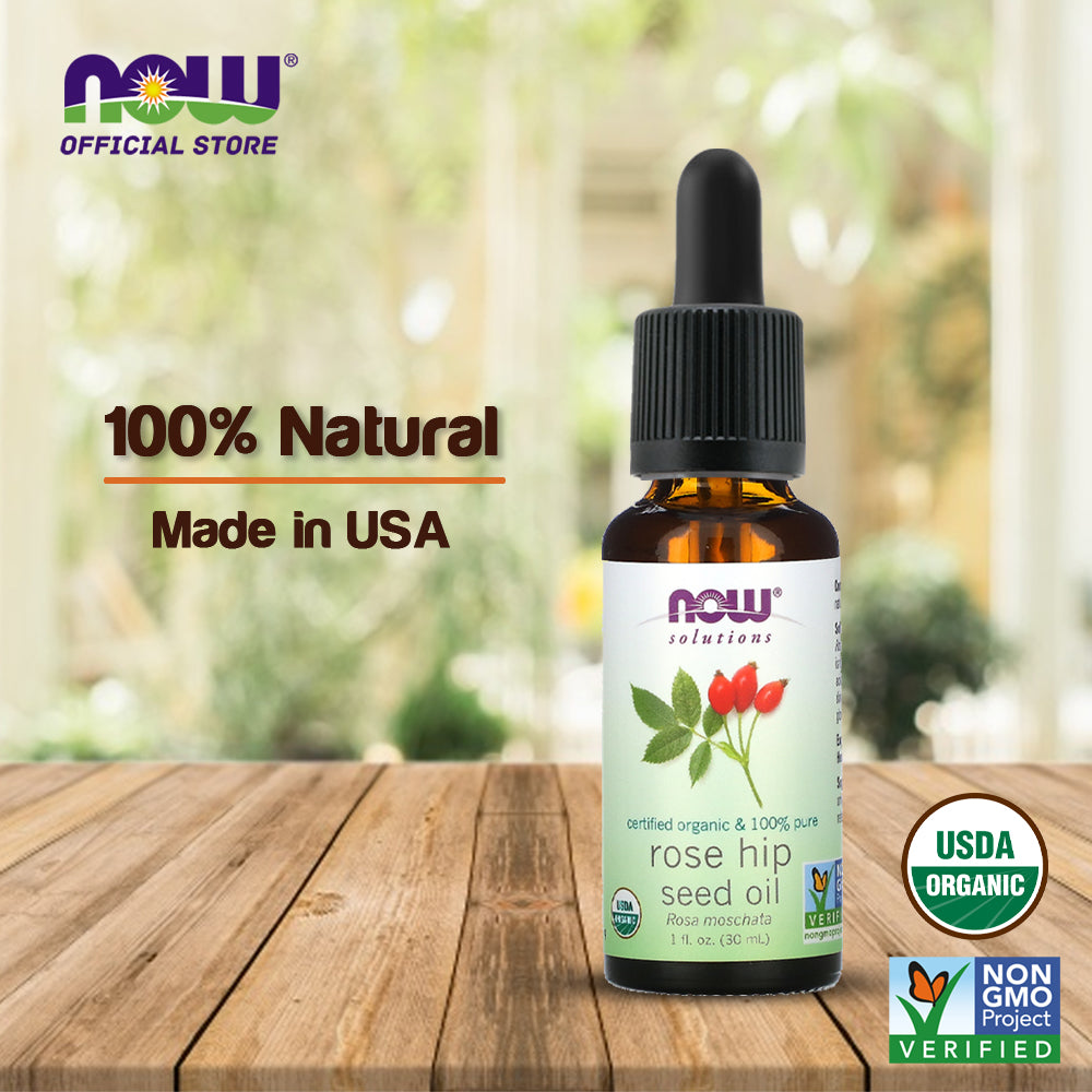 NOW Solutions, Organic Rose Hip Seed Oil, Certified Organic and 100% Pure, For Facial Care, Expeller Pressed, Vegan, Child Resistant Euro Dropper, 1-Ounce (30 ml) - Bloom Concept