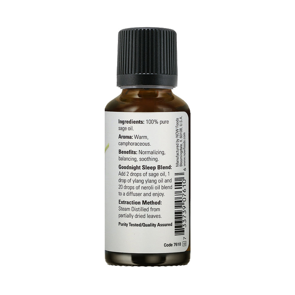 NOW Essential Oils, Sage Oil, Normalizing Aromatherapy Scent, Steam Distilled, 100% Pure, Vegan, Child Resistant Cap, 1-Ounce (30ml) - Bloom Concept