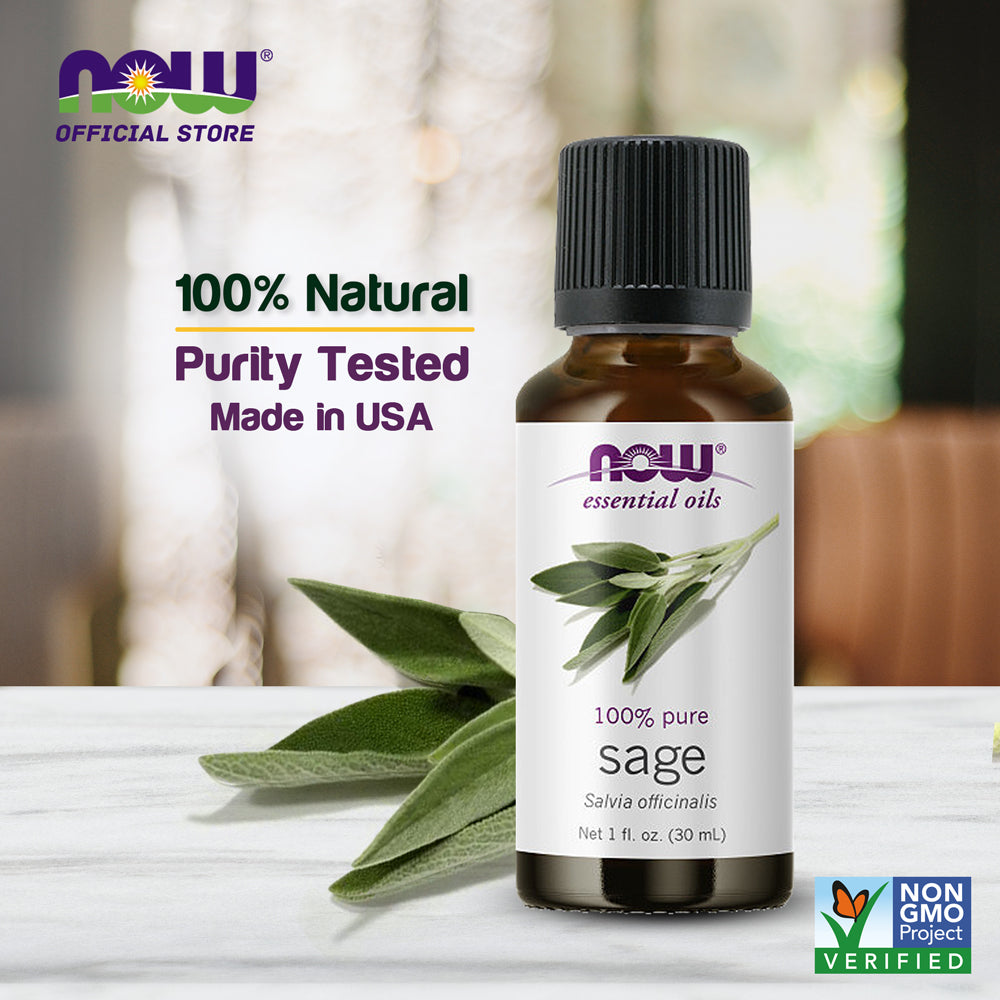 NOW Essential Oils, Sage Oil, Normalizing Aromatherapy Scent, Steam Distilled, 100% Pure, Vegan, Child Resistant Cap, 1-Ounce (30ml) - Bloom Concept