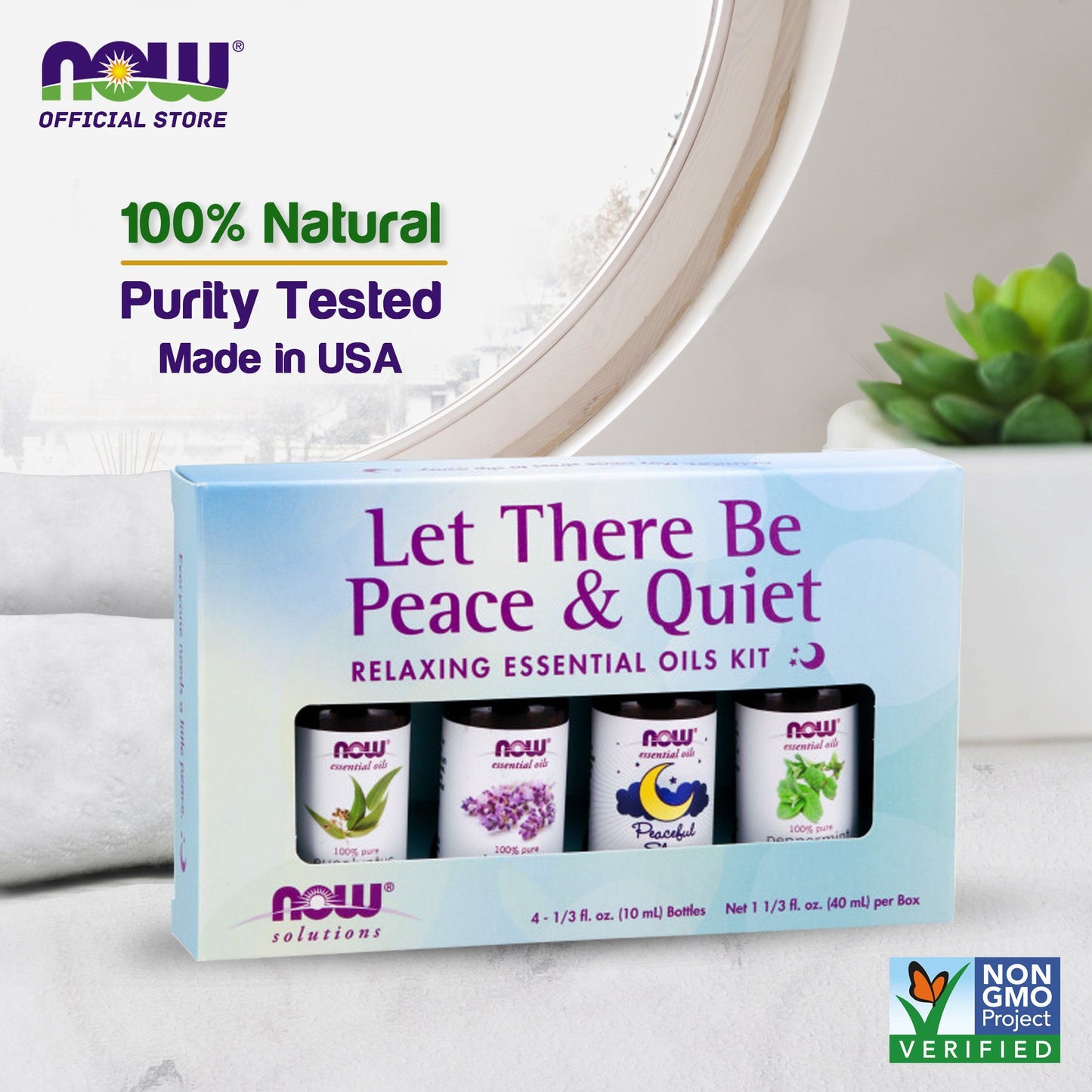 NOW Let There Be Peace & Quiet Aromatherapy Kit, 4x 10ml Incl Lavender Oil, Peppermint Oil, Eucalyptus Oil and Peaceful Sleep Oil Blend - Bloom Concept