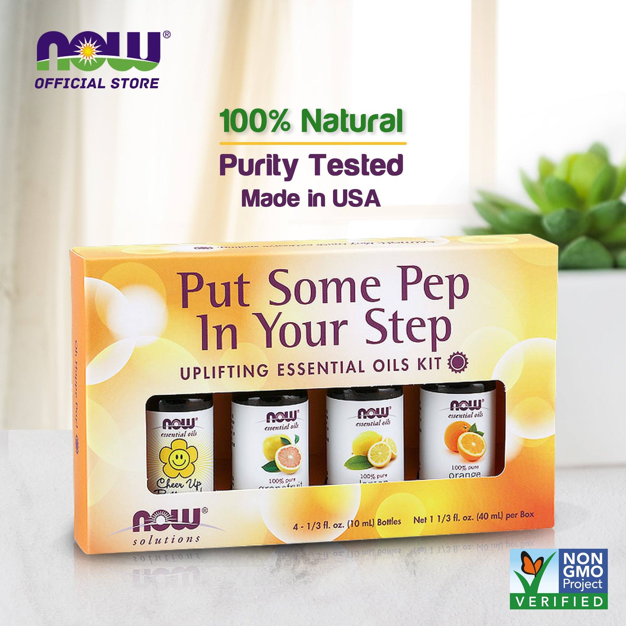 NOW Put Some Pep in Your Step Uplifting Aromatherapy Kit, 4x10ml Incl Orange Oil, Lemon Oil, Grapefruit Oil and Cheer Up Buttercup Oil Blend Essential oils NOW Foods USA