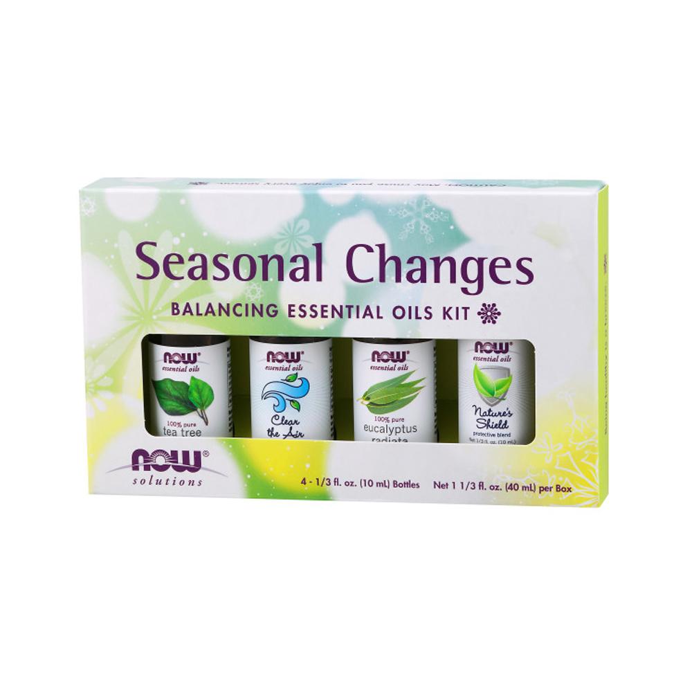 (Best by 04/24) NOW Seasonal Changes Balancing Aromatherapy Kit, 4x10ml Incl Tea Tree, Eucalyptus Radiata, Clear the Air and Nature's Shield Oil Blend - Bloom Concept