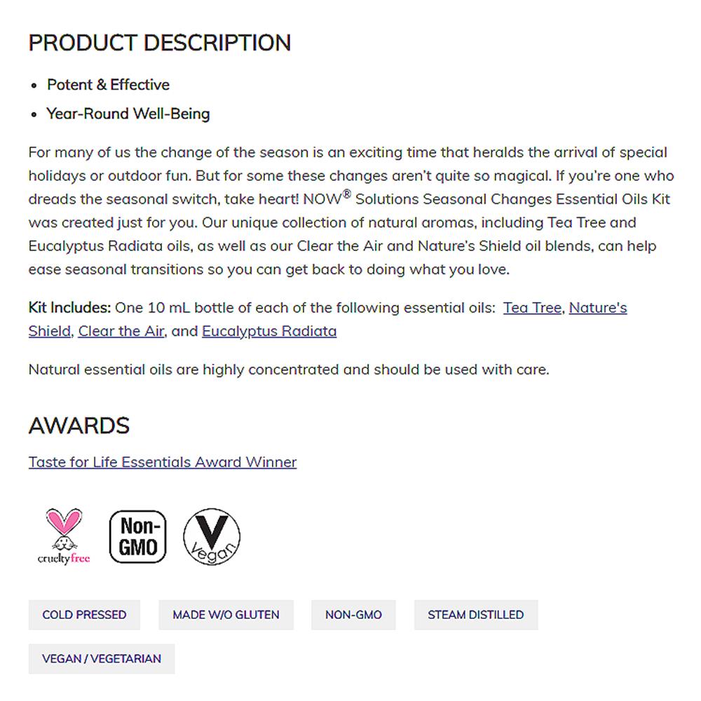 NOW Seasonal Changes Balancing Aromatherapy Kit, 4x10ml Incl Tea Tree, Eucalyptus Radiata, Clear the Air and Nature&