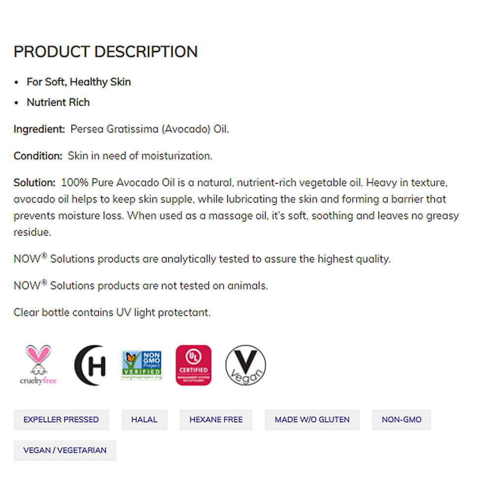 NOW Solutions, Avocado Oil, 100% Pure Moisturizing Oil, Nutrient Rich and Hydrating, 16-Ounce (473 ml) - Bloom Concept
