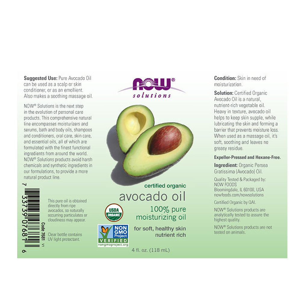 NOW Solutions, Organic Avocado Oil, 100% Pure Moisturizing Oil, Nutrient Rich and Hydrating, (118 ml) - Bloom Concept