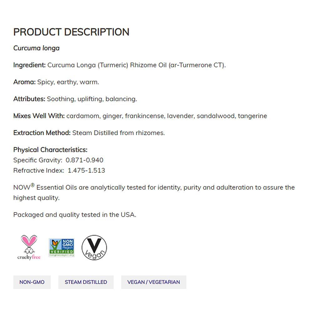 NOW Essential Oils, Turmeric Essential Oil, Soothing, Uplifting, Balancing, 100% Pure, Child-Resistant Cap, 1-Ounce (30ml) Essential oils NOW Foods USA