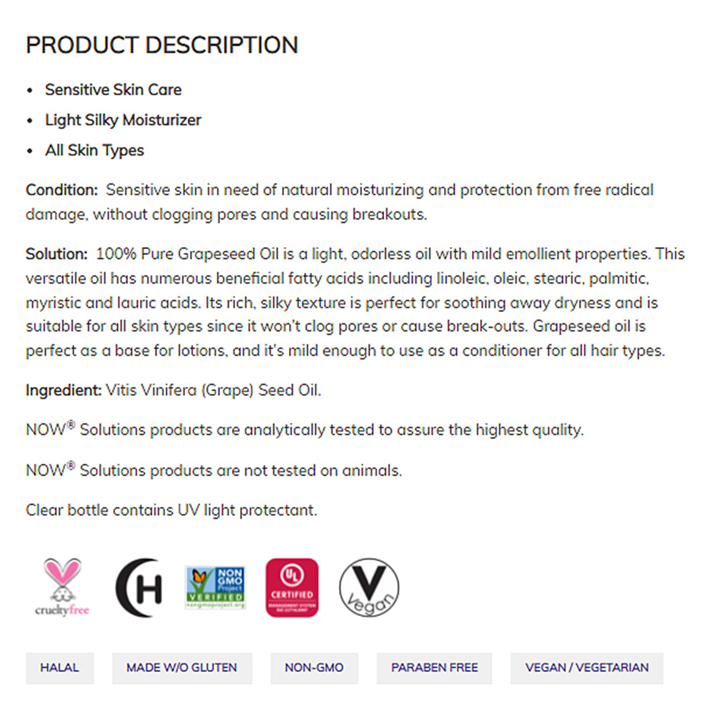 NOW Solutions, Grapeseed Oil, Skin Care for Sensitive Skin, Light Silky Moisturizer for All Skin Types, 16-Ounce (473 ml) - Bloom Concept