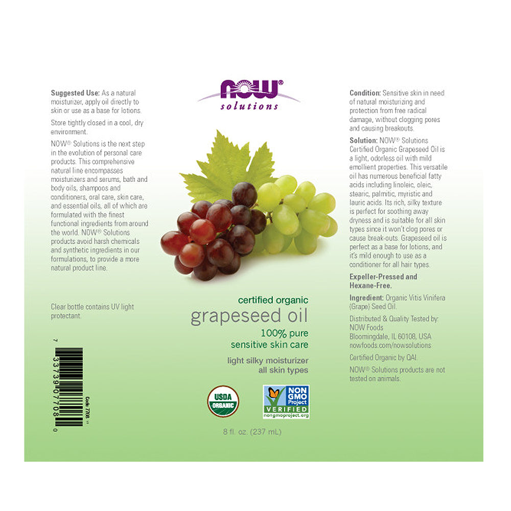 NOW Solutions, Organic Grapeseed Oil, Skin Care for Sensitive Skin, Light Silky Moisturizer for All Skin Types, 8-Ounce (237 ml) - Bloom Concept