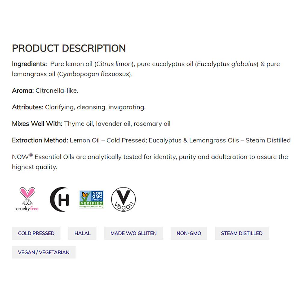 NOW FOODS Essential Oils, Lemon & Eucalyptus Oil Blend, Invigorating Aromatherapy Scent, Blend of Pure Lemon Oil and Pure Eucalyptus Oil, Vegan, Child Resistant Cap, 4-Ounce (118 ml) Essential oils NOW Foods USA