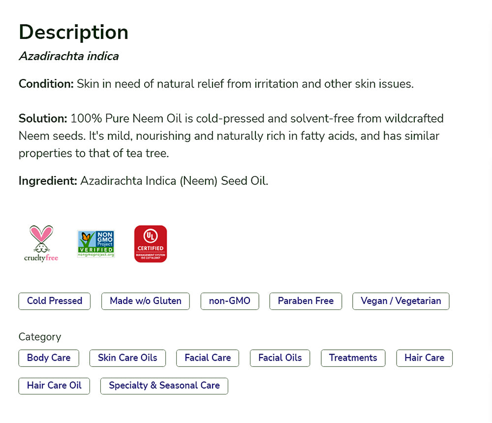 NOW Solutions, Neem Oil, 100% Pure, Made From Azadirachta Indica (Neem) Seed Oil, Natural Relief from Irritation and Other Skin Issues, 1 fl oz (30 ml) - Bloom Concept
