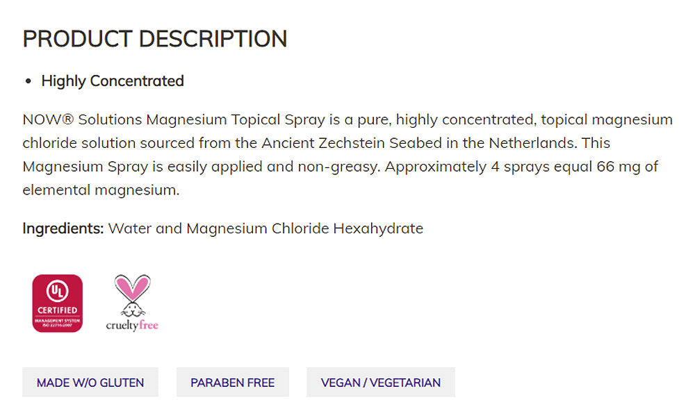 NOW Solutions, Magnesium Topical Spray, from the Ancient Zechstein Seabed, Highly Concentrated, 8-Ounce (237ml) Personal Care NOW Foods USA