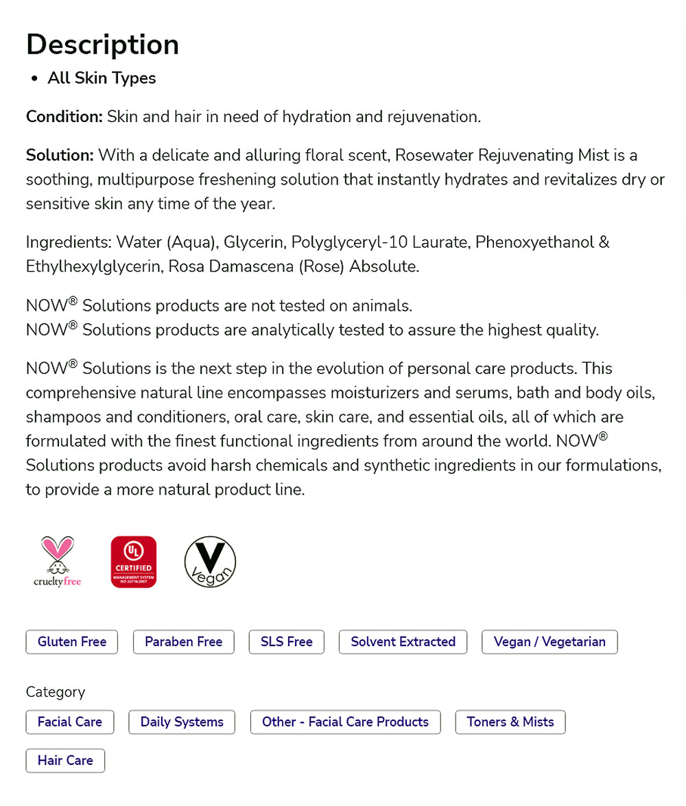 NOW Solutions Rosewater Rejuvenating Mist, Hydration and Rejuvenation Spray for All Skin and Hair Types, 4 fl oz (118 ml) Personal Care NOW Foods USA