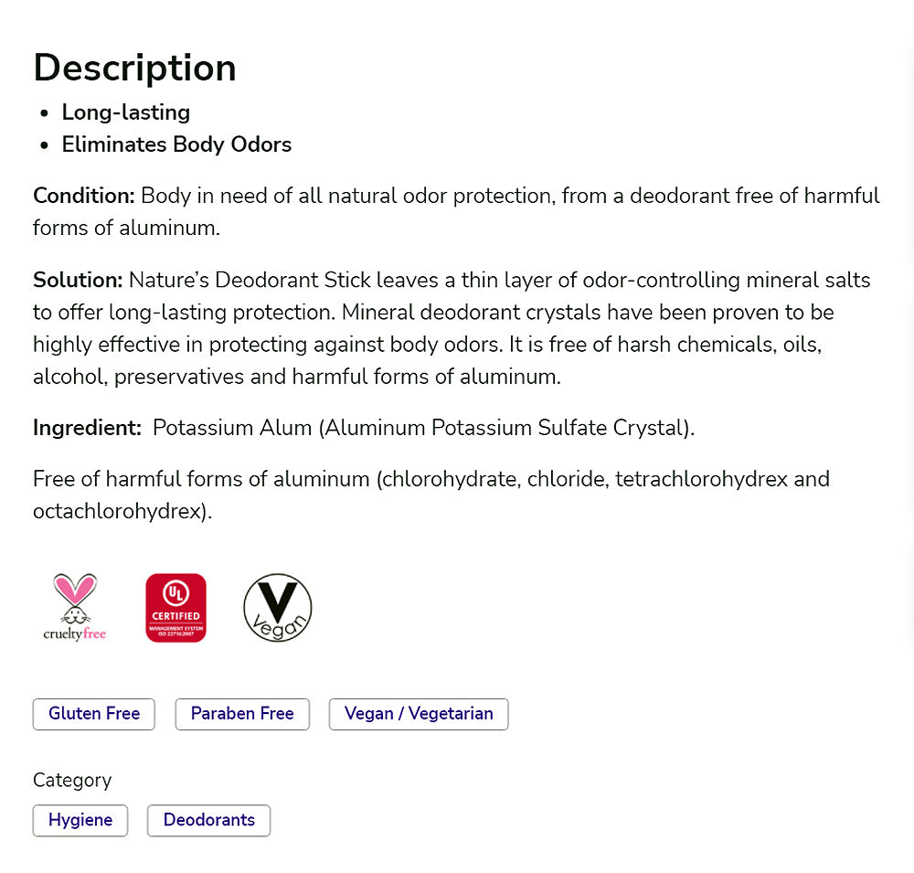 NOW Solutions, Nature's Deodorant Stick, Deodorant Stone, 100% Pure and Natural, Long-Lasting Body Odor Elimination, 3.5 oz. (99 g) - Bloom Concept