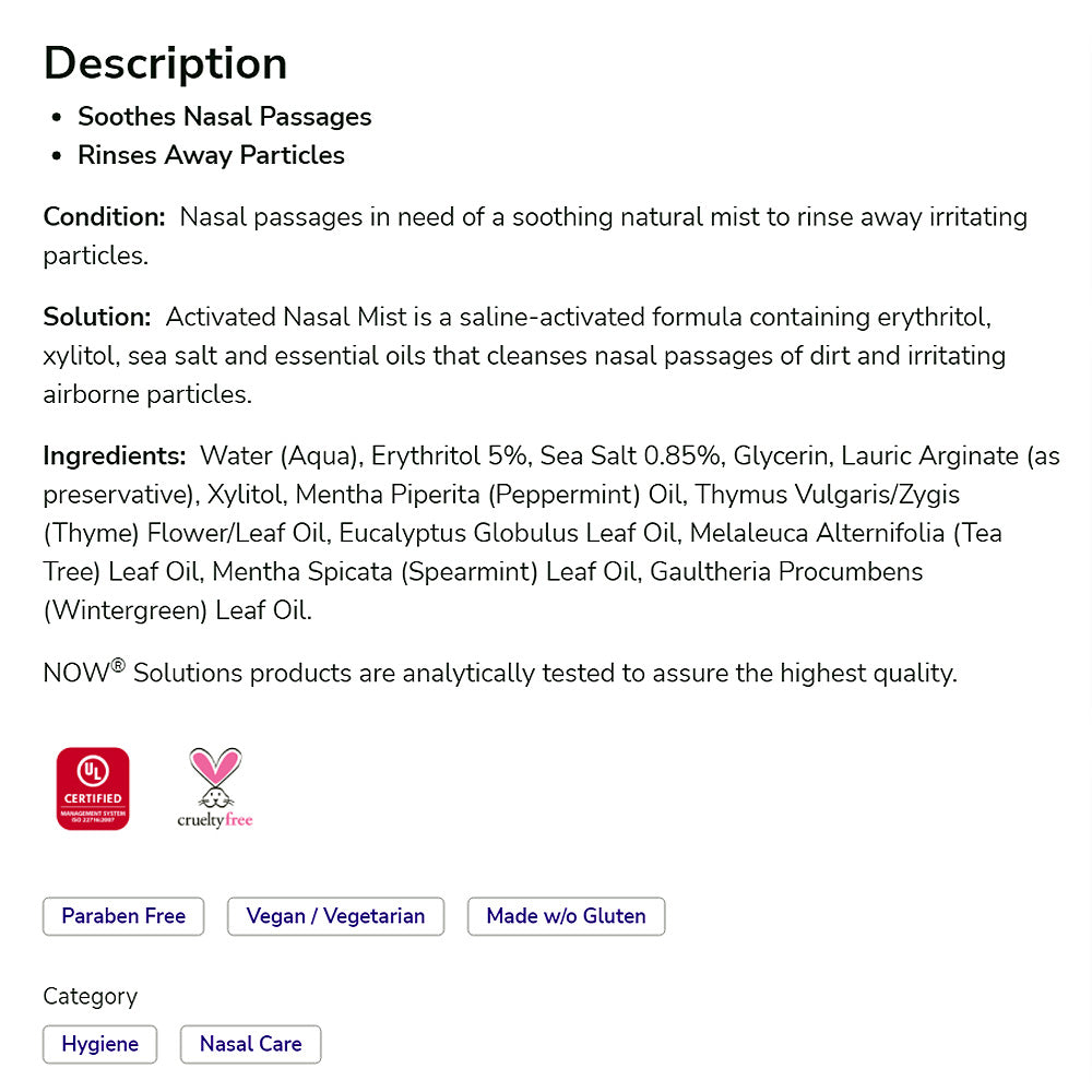 NOW Solutions, Activated Nasal Mist, Soothes Nasal Passages with Erythritol and Sea Salt, 2-Ounce (59 ml) - Bloom Concept