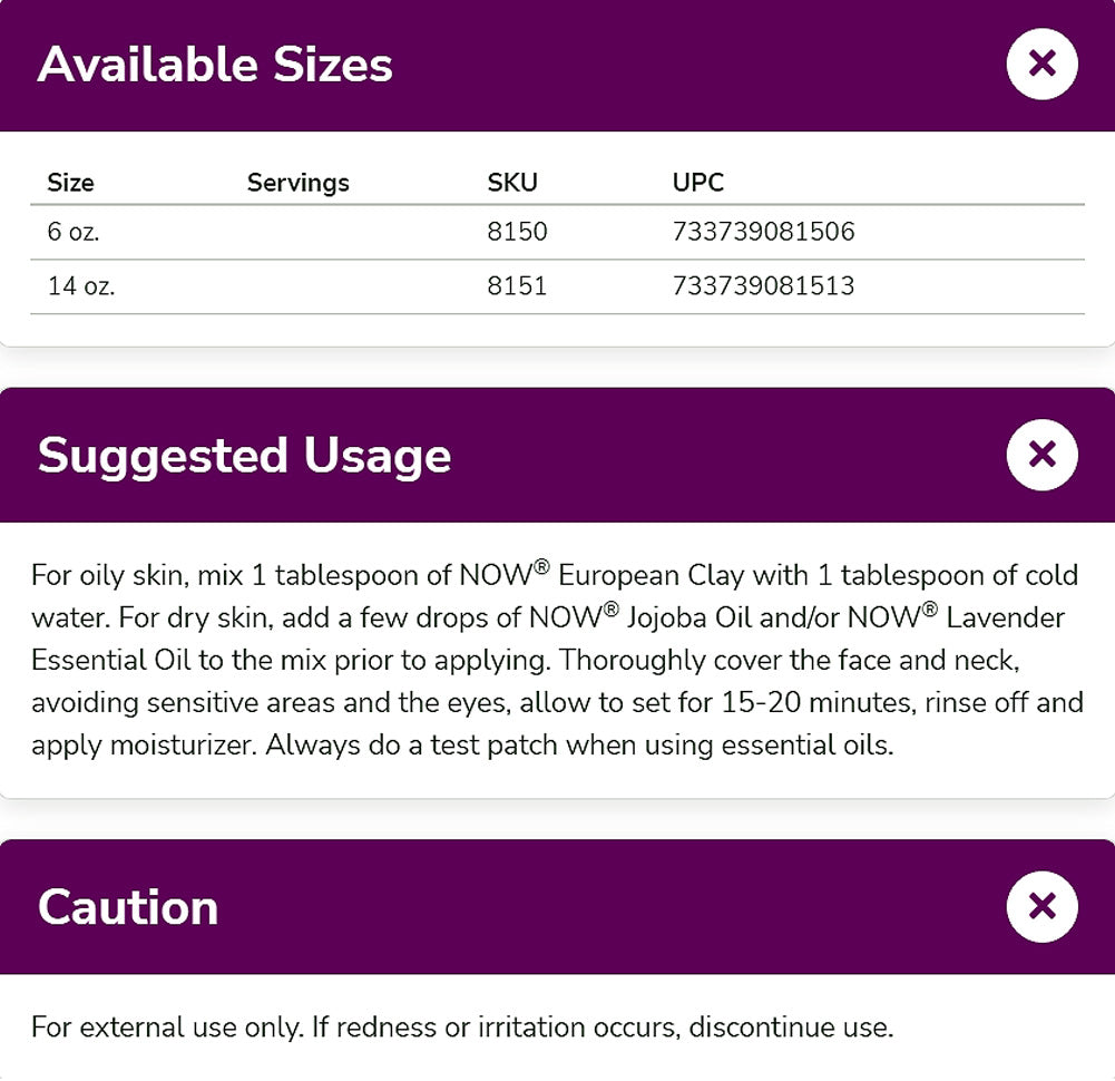 NOW Solutions, European Clay Powder, Pure Powder for a Detox Facial Cleansing Mask, 6-Ounce (170 g) - Bloom Concept