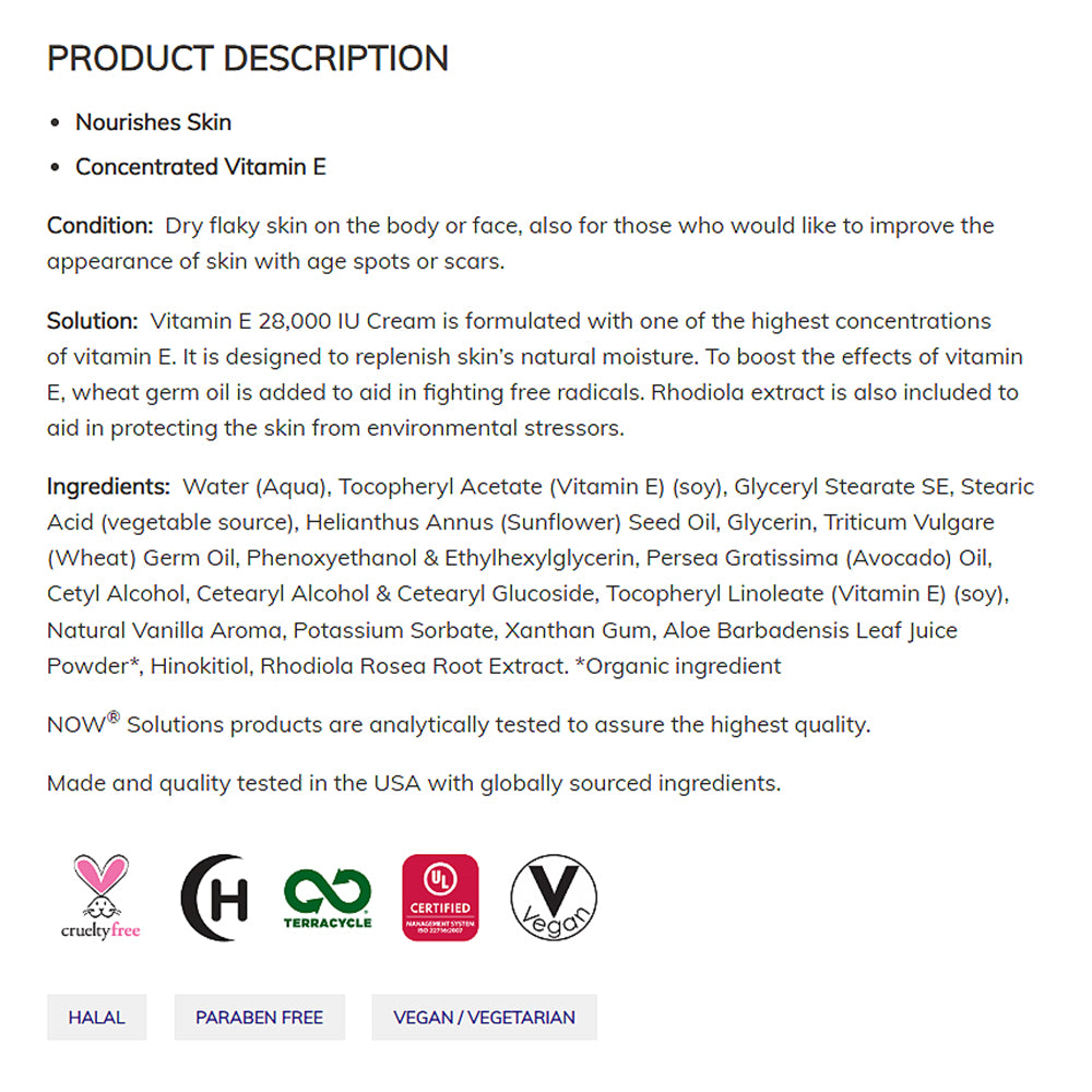 NOW Solutions, Vitamin E Cream 28,000 IU, Intense Moisture, Concentrated Vitamin E, 4-Ounce (118 ml) - Bloom Concept