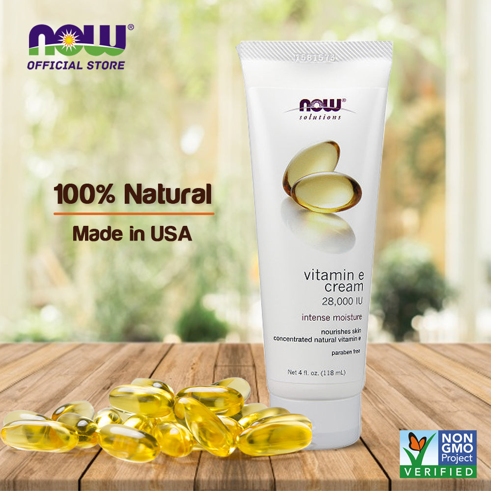 NOW Solutions, Vitamin E Cream 28,000 IU, Intense Moisture, Concentrated Vitamin E, 4-Ounce (118 ml) - Bloom Concept