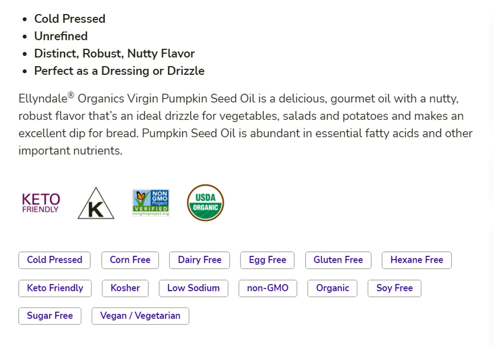 NOW Foods, Organic Virgin Pumpkin Seed Oil, Cold-Pressed, Unrefined, Distinct Robust, Nutty Flavor, Certified Non-GMO, 8.45-Ounce (250ml) - Bloom Concept