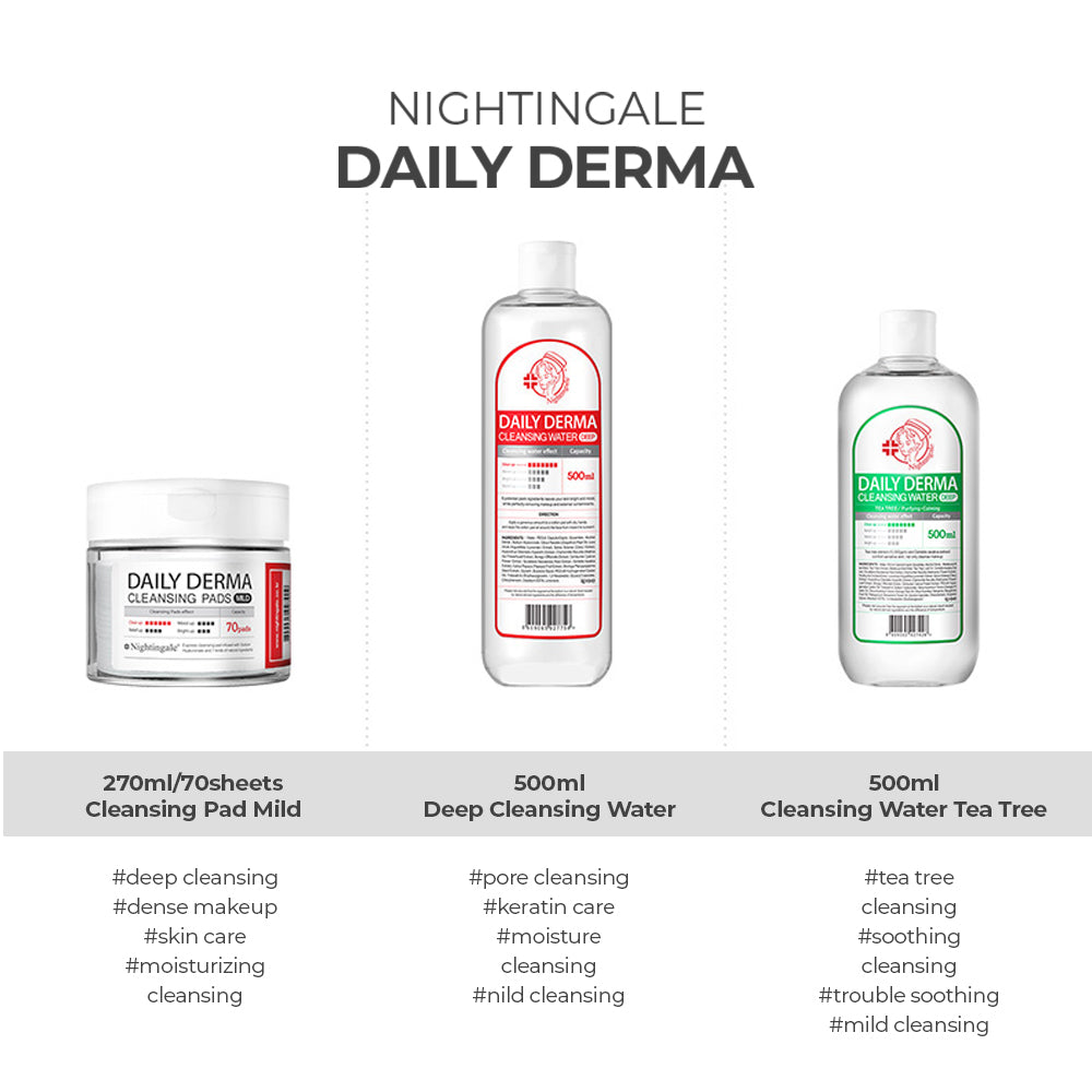 Nightingale Daily Derma Cleansing Water Deep 500ml (with 40 cotton pads set) - Mild Acidic Hypoallergenic - Bloom Concept