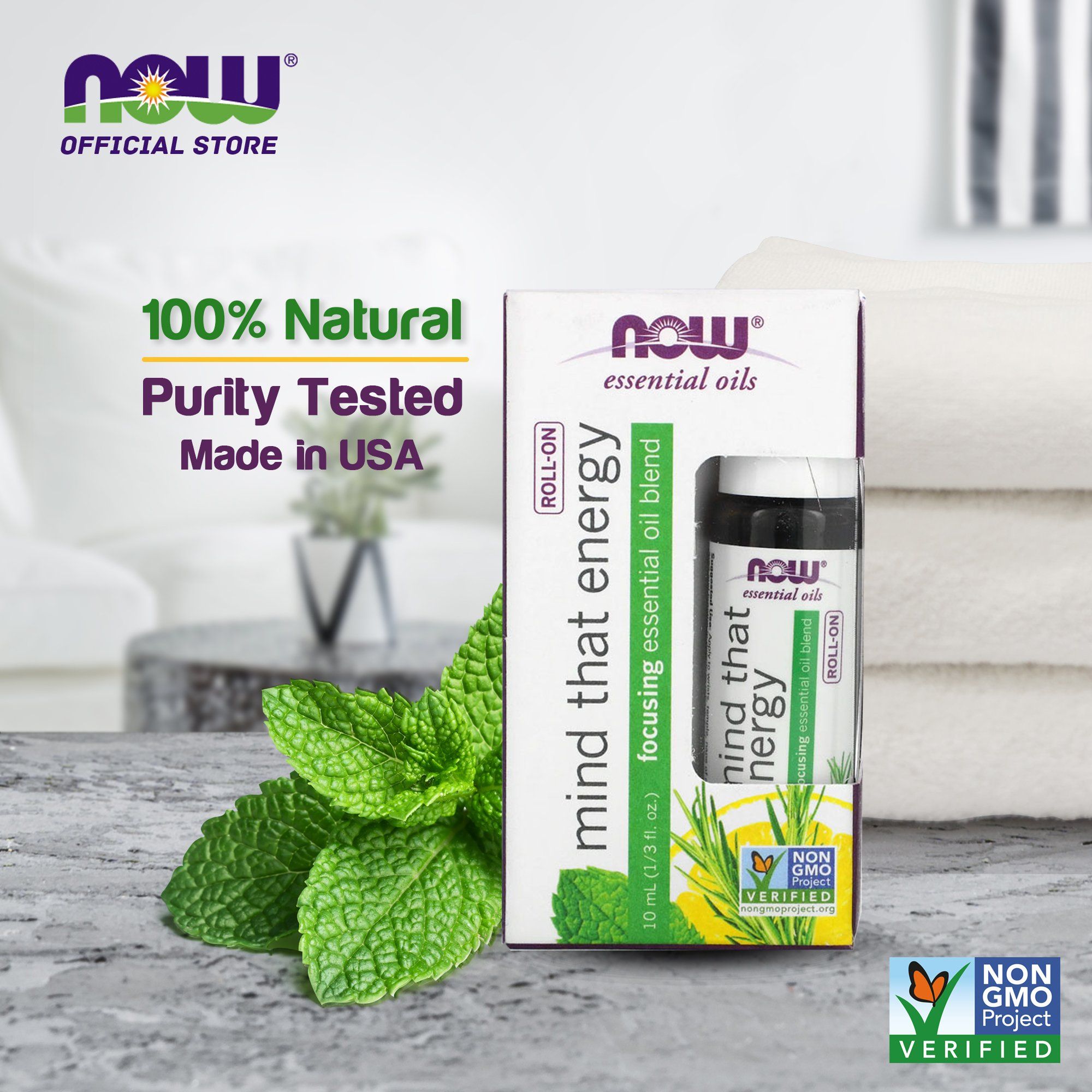 NOW Essential Oils, Mind That Energy Roll On, Non-GMO Project Verified, Focusing Blend, Steam Distilled, Topical Aromatherapy, 10-mL Essential oils NOW Foods USA