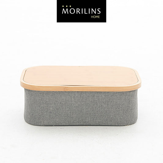 [Morilins Home] Japan-Inspired Multi-Function Tweed Fabric Storage with Real Bamboo Wood Lid - Perfect for Home, Office, & Bathroom Organization - Bloom Concept