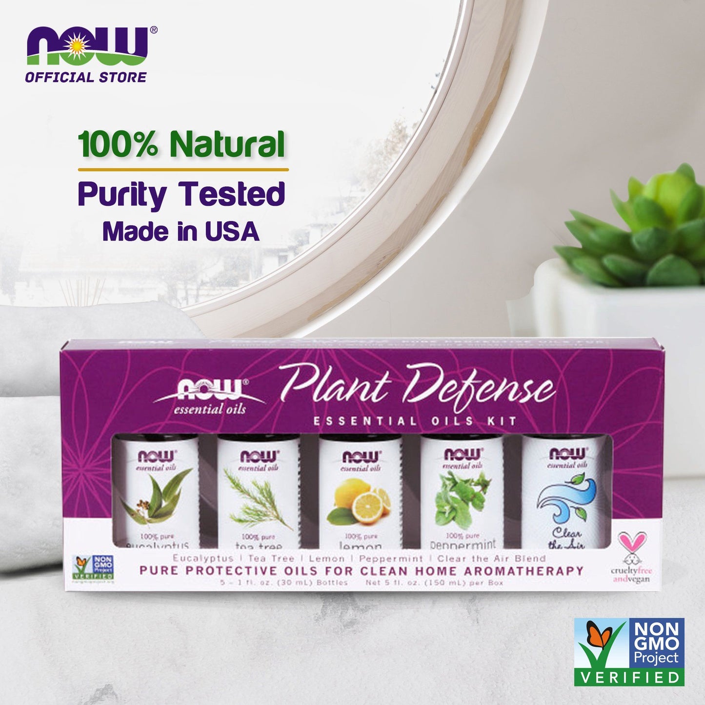 NOW Plant Defense Essential Oils Kit, 5x30ml including: Eucalyptus, Tea Tree, Lemon, Peppermint and Clean the Air Essential Oils - Bloom Concept