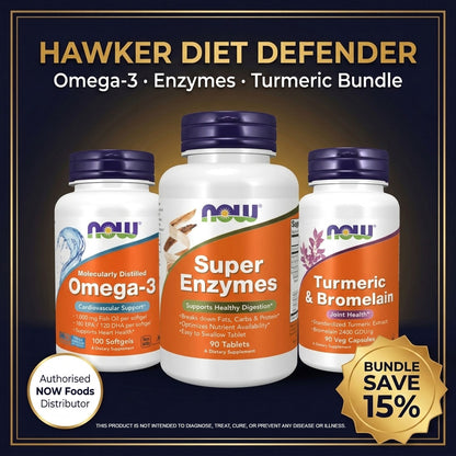Hawker Diet Defender Bundle |Omega-3 + Super Enzymes + Turmeric Bromelain | Digestive &amp; Heart Support Supplement NOW Foods USA