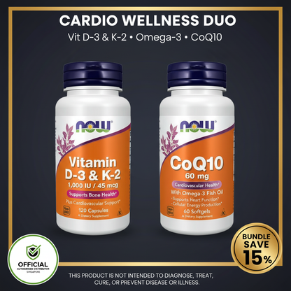 Now Cardiovascular Wellness Bundle | D3 &amp; K2 1,000 IU/45 mcg + CoQ10 60mg + Omega-3 | Heart Health Support