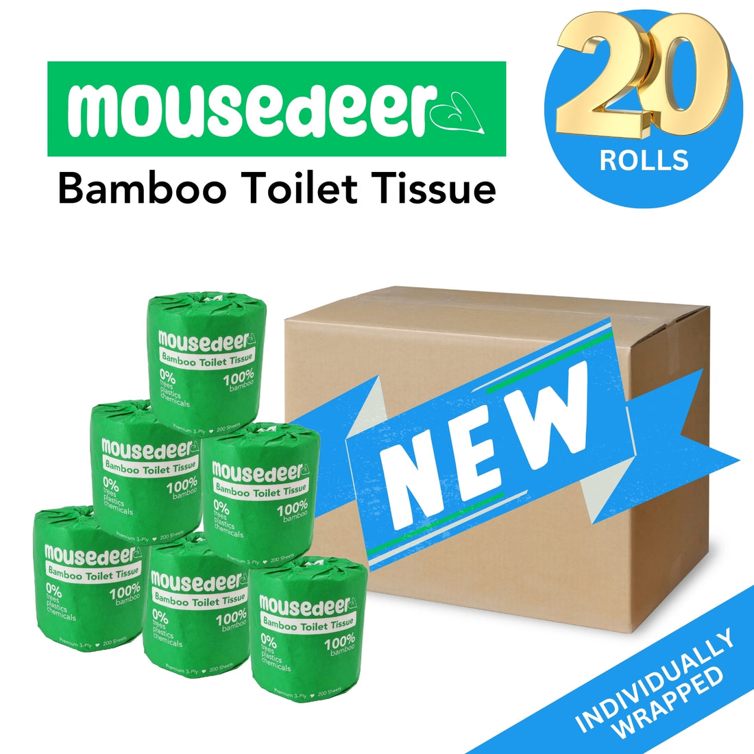 Mousedeer Bamboo Toilet Tissue Paper, 3-Ply, 20 Wrapped Rolls x 200 Sheets, Unbleached Toilet tissue paper Chevrotain