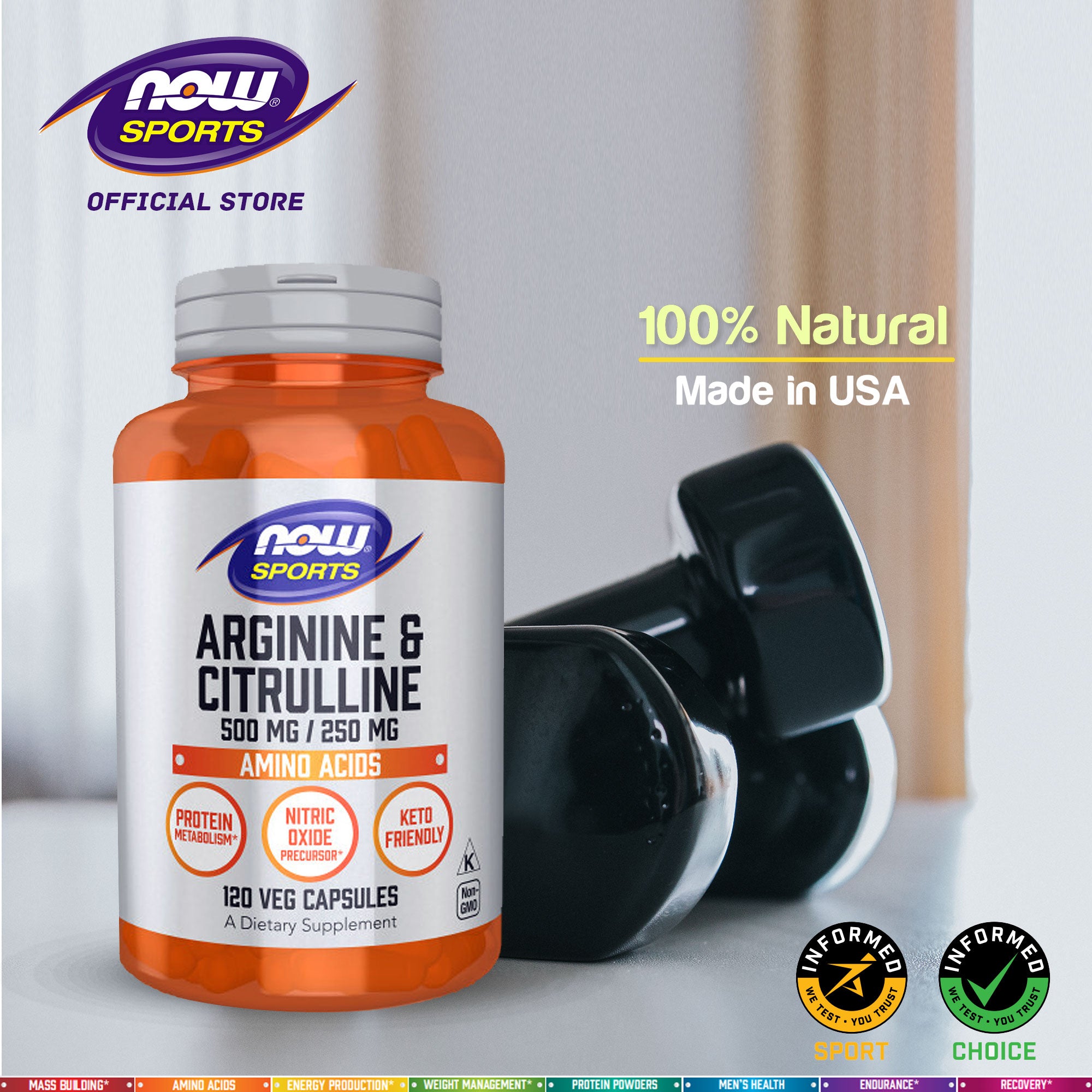 NOW Sports Nutrition, Arginine &amp; Citrulline 500 mg/ 250 mg, Amino Acids, 120 Veg Capsules Vitamins &amp; Supplements NOW Foods USA