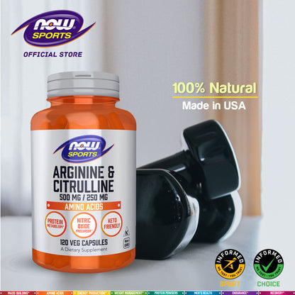 NOW Sports Nutrition, Arginine &amp; Citrulline 500 mg/ 250 mg, Amino Acids, 120 Veg Capsules Vitamins &amp; Supplements NOW Foods USA