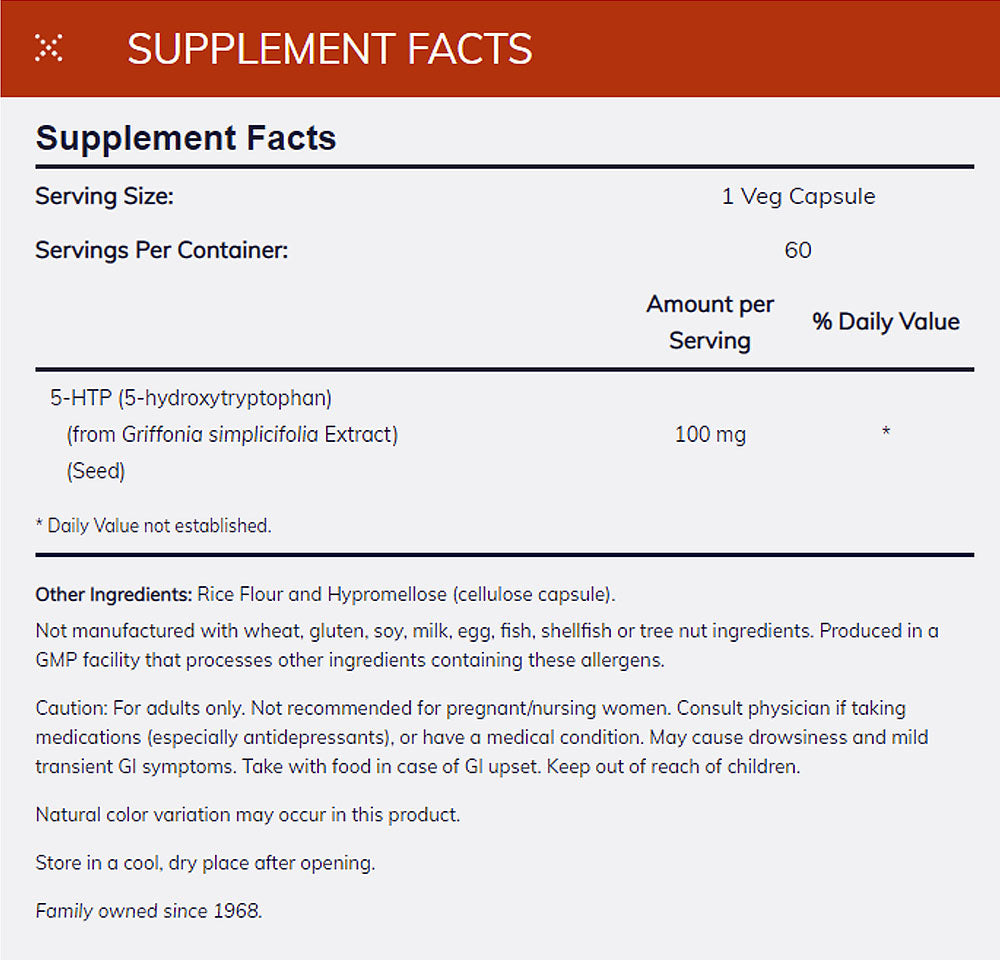 NOW Supplements, 5-HTP (5-hydroxytryptophan) 100 mg, Neurotransmitter Support*, 60 Veg Capsules - Bloom Concept