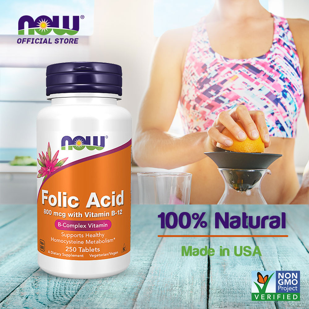 NOW Supplements, Folic Acid 800 mcg + B-12 (Cyanocobalamin) 25 mcg, B Complex Vitamin, 250 Tablets - Bloom Concept