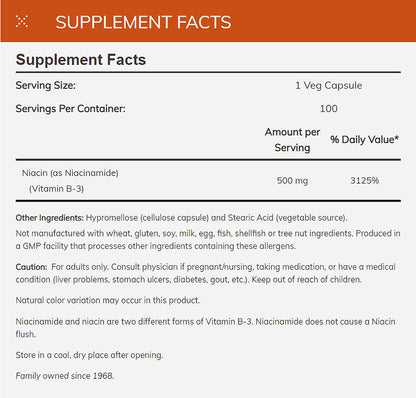 NOW Supplements, Niacinamide (Vitamin B-3) 500 mg, Energy Production*, 100 Veg Capsules Vitamins &amp; Supplements NOW Foods USA