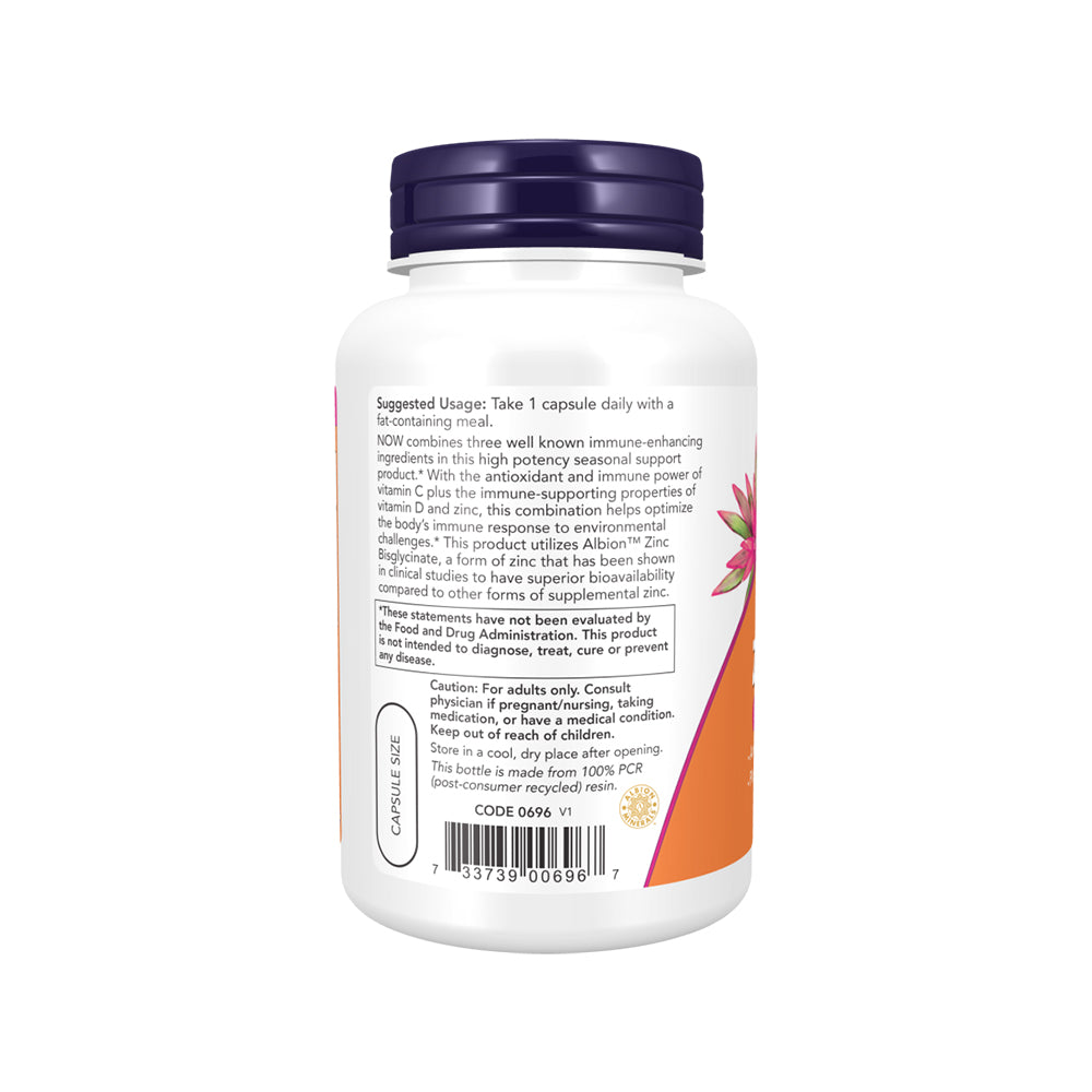 NOW Supplements, C-1000 Zinc & D-3, Seasonal Immune Support, 100 Veg Capsules - Bloom Concept