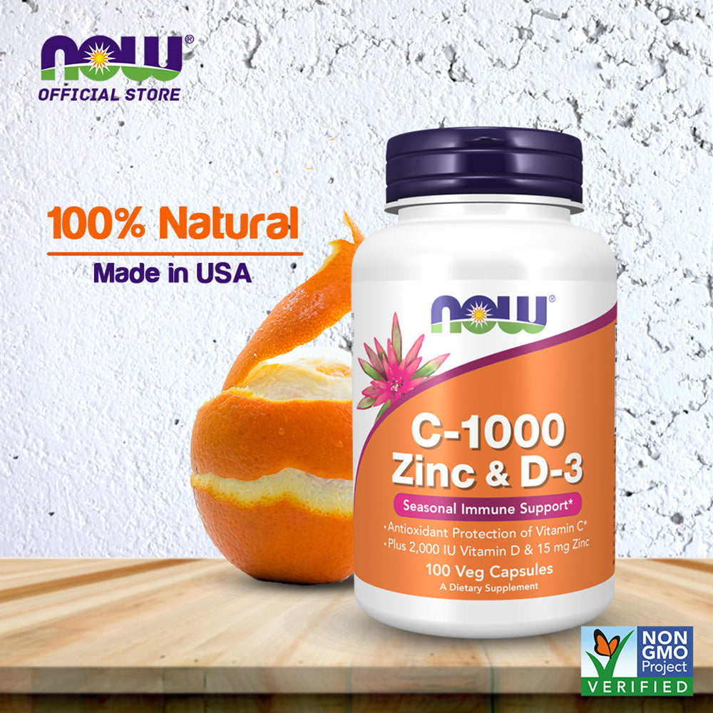 NOW Supplements, C-1000 Zinc & D-3, Seasonal Immune Support, 100 Veg Capsules - Bloom Concept