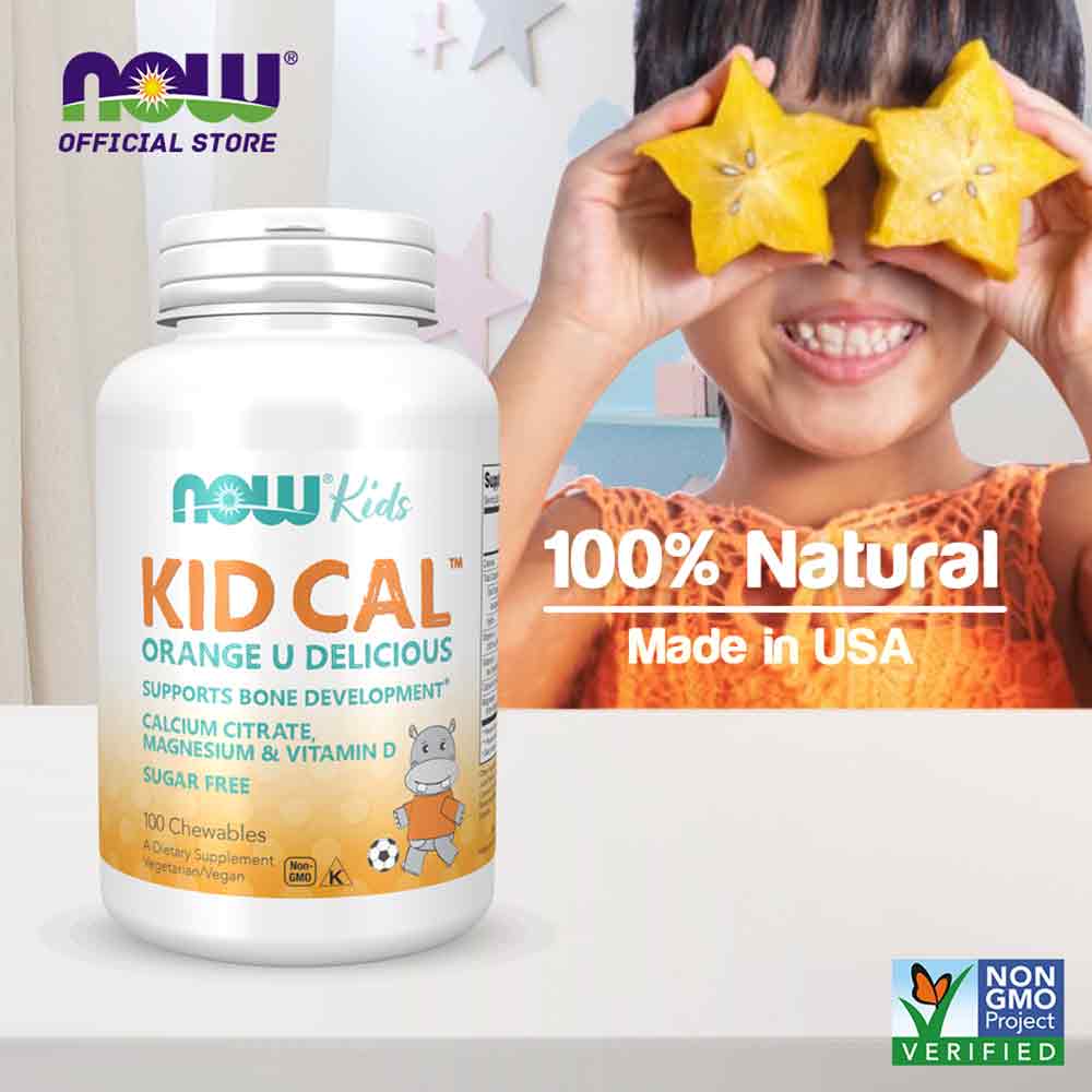NOW Supplements, Kid Cal with Calcium Citrate, Magnesium and Vitamin D, Tart Orange, 100 Chewables - Bloom Concept