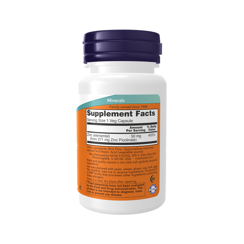 NOW Supplements, Zinc Picolinate 50 mg, Supports Enzyme Functions, Immune Support, 30 Veg Capsules - Bloom Concept