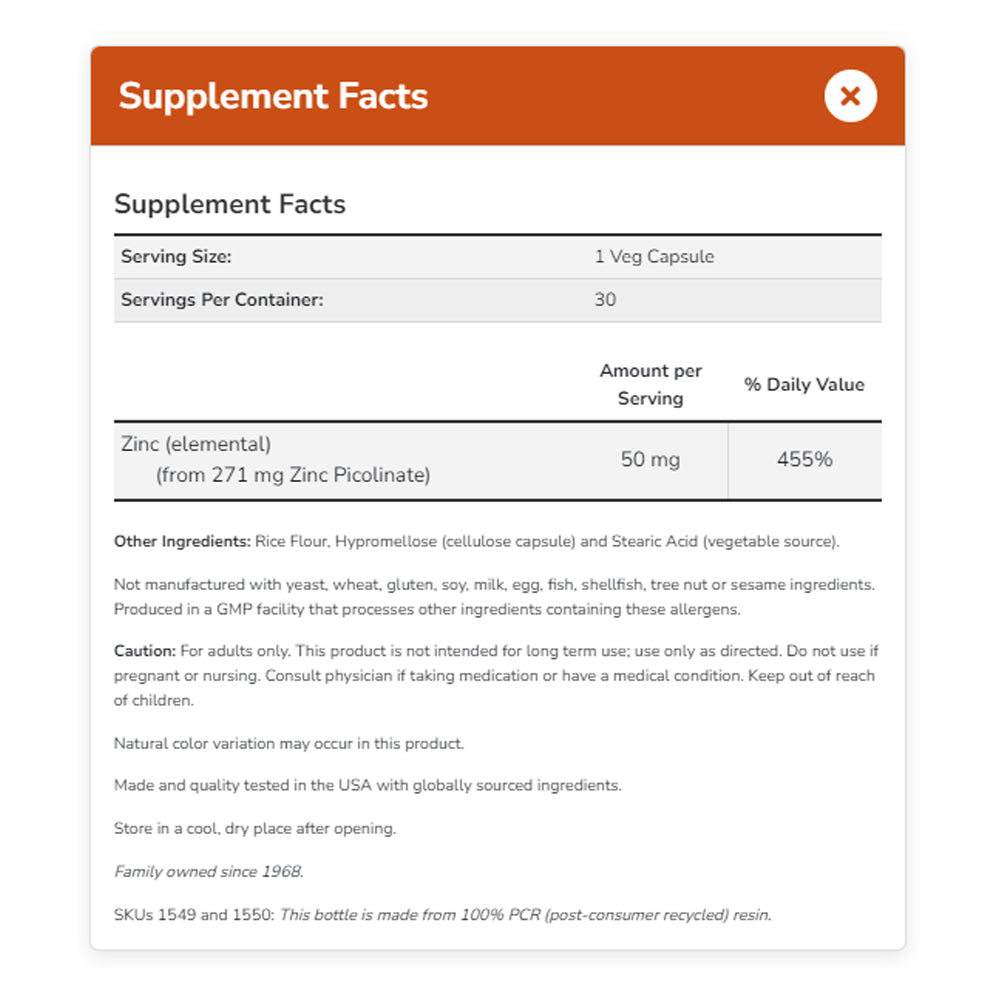 NOW Supplements, Zinc Picolinate 50 mg, Supports Enzyme Functions, Immune Support, 30 Veg Capsules - Bloom Concept