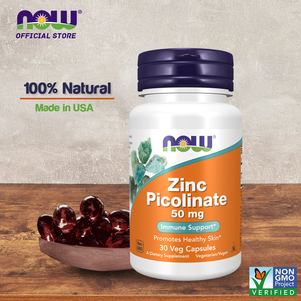 NOW Supplements, Zinc Picolinate 50 mg, Supports Enzyme Functions, Immune Support, 30 Veg Capsules - Bloom Concept