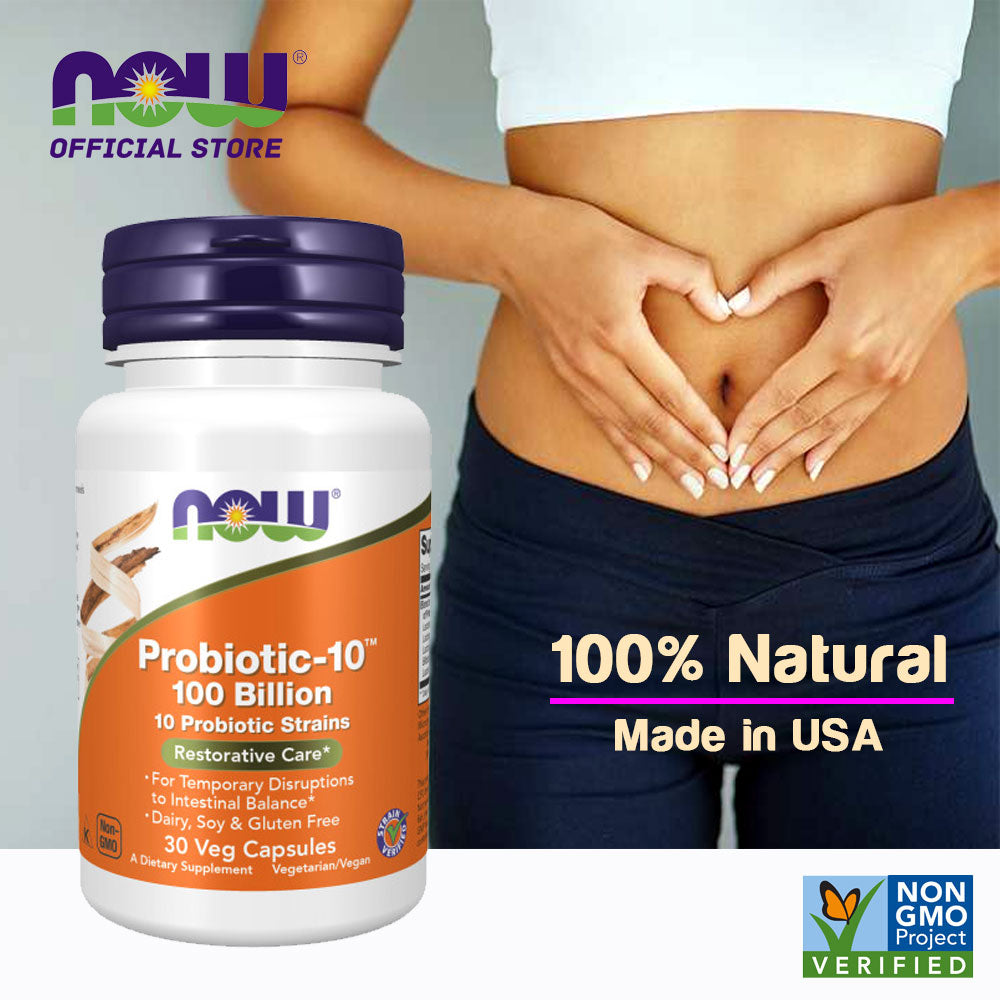 NOW Supplements, Probiotic-10™, 100 Billion, with 10 Probiotic Strains, Dairy, Soy and Gluten Free, Strain Verified, 30 Veg Capsules - Bloom Concept