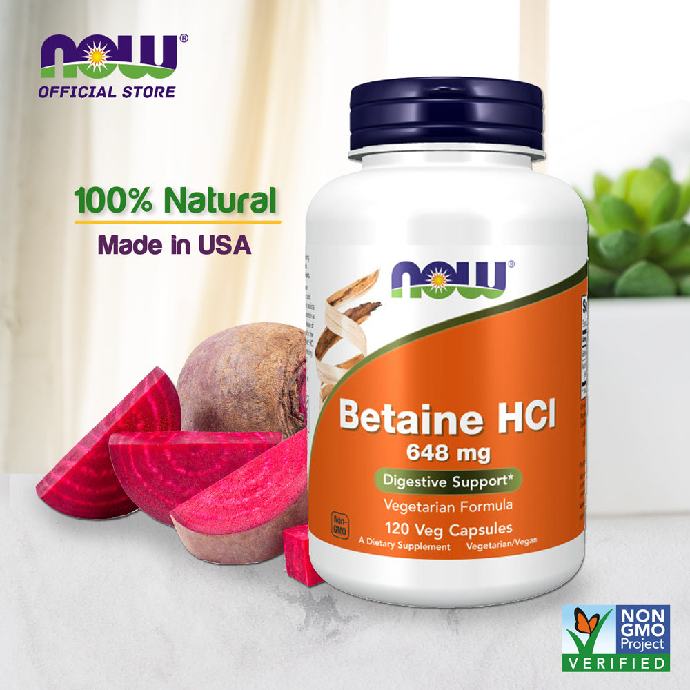 NOW Supplements, Betaine HCl 648 mg, Vegetarian Formula, Digestive Support*, 120 Veg Capsules - Bloom Concept