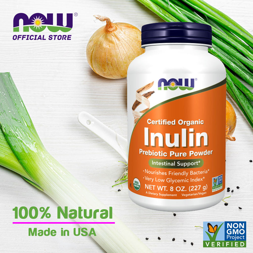 NOW Supplements, Inulin Prebiotic Pure Powder, Certified Organic, Non-GMO Project Verified, Intestinal Support*, 8-Ounce (227g) - Bloom Concept
