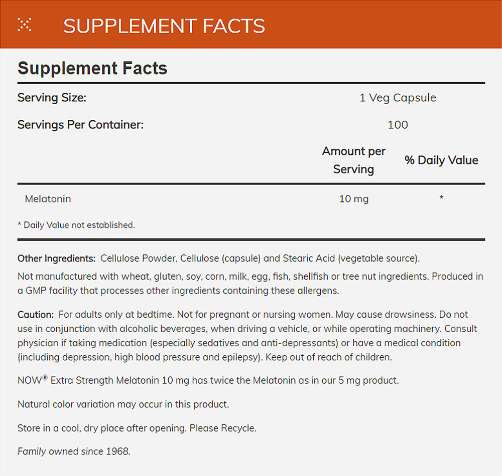 NOW Supplements, Melatonin, Extra Strength 10 mg, Free Radical Scavenger*, Healthy Sleep Cycle*, 100 Veg Capsules Vitamins &amp; Supplements NOW Foods USA