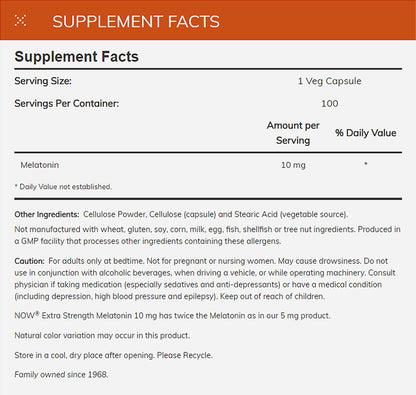 NOW Supplements, Melatonin, Extra Strength 10 mg, Free Radical Scavenger*, Healthy Sleep Cycle*, 100 Veg Capsules Vitamins &amp; Supplements NOW Foods USA