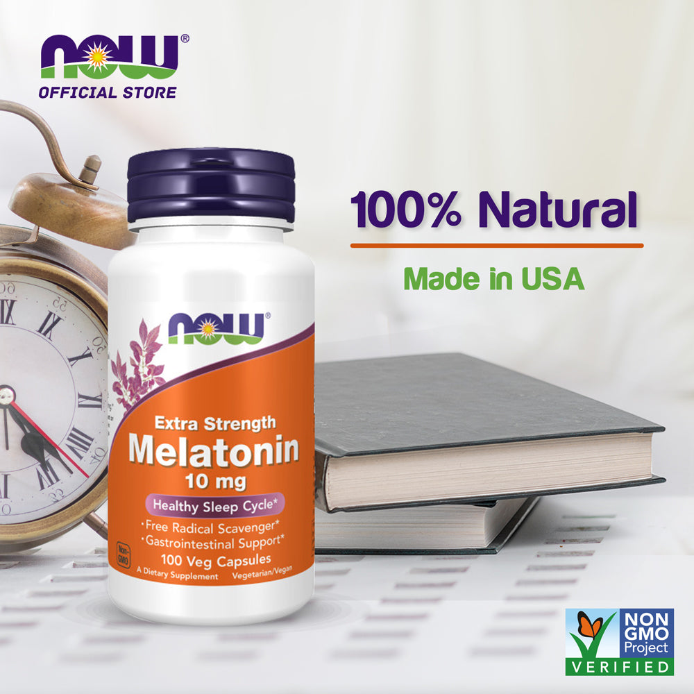 NOW Supplements, Melatonin, Extra Strength 10 mg, Free Radical Scavenger*, Healthy Sleep Cycle*, 100 Veg Capsules - Bloom Concept