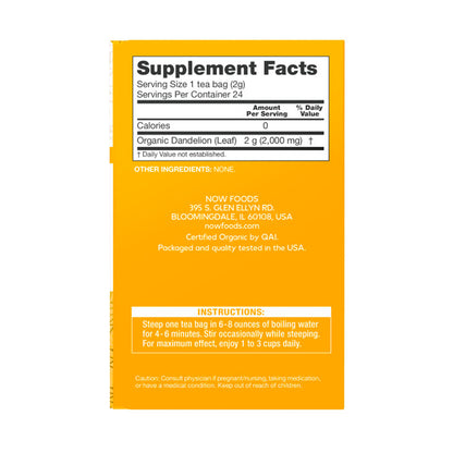 NOW Foods, Certified Organic Dandelion Traditional Cleansing Herbal Tea, Caffeine-Free, Non-GMO, 24-Count Natural Foods NOW Foods USA